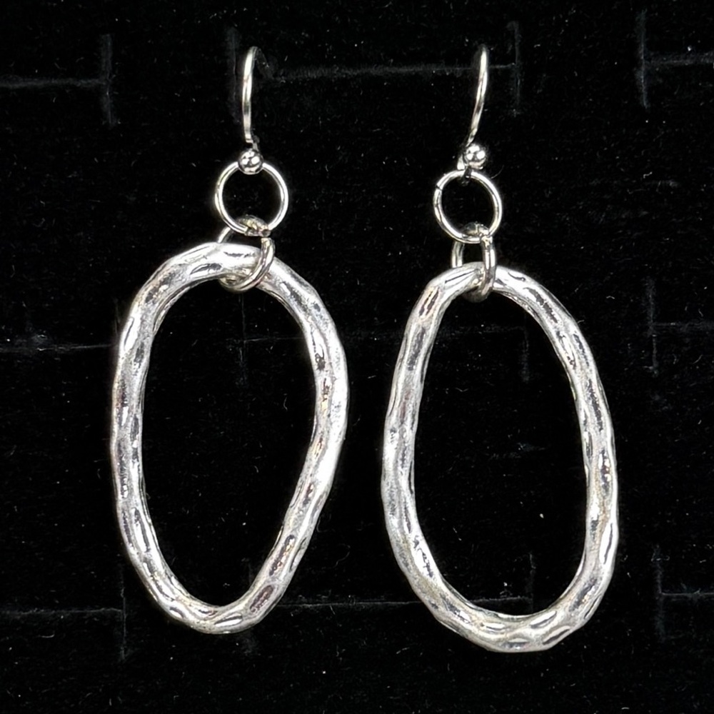 Silvertone Hammered Oval Open Drop Pierced Earrings Modern Statement
